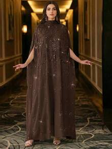 优雅珍珠刺绣蝙蝠袖长款立领罩袍 - 咖啡棕 - 查看 8