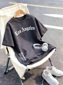 Tween Boy "Los Angeles" Motivational Slogan Graphic Tee, Fashion Summer Top For Boys - Dark Grey - View 1