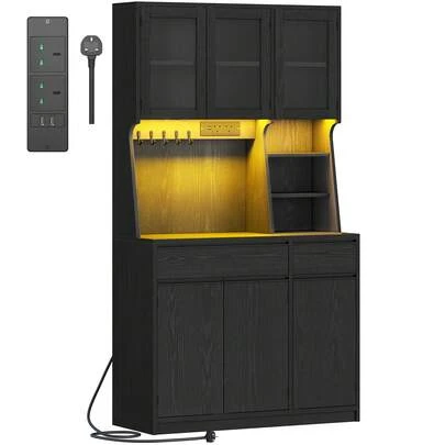 HEXCELEN Kitchen Cabinet, Freestanding Pantry Cupboard With LED & Power Outlet, Tall Kitchen Cupboard With Countertop And 2 Drawers, Adjustable Shelves, For Dining Room, Living Room