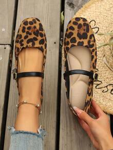 Women's Fashion New Flat Square Toe Mary Jane Leopard Print Casual Outdoor Slip-On Shoes, Suitable For Commuting, Office, Outdoor, Home, All Seasons - Leopard Print - View 5