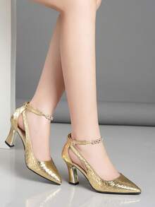 Bombas de tacón grueso con correa trasera para mujer, con empeine de malla y decoración de rhinestones, de punta abierta - Dorado - Ver 2
