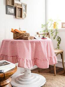 1pc French Ruffled Plaid Girly Korean Style Red & Green Checkered Ruffled Decorative Fabric For Dining Table, Living Room, Suitable For Daily Decor And Holidays - Red - View 3