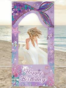 1个生日快乐相框，紫色美人鱼主题生日拍照道具，生日派对拍照区，家居房间墙面装饰，派对用品，派对装饰品，生日礼物，派对小礼品，女士生日装饰，生日背景，生日横幅 - 美人魚 - 查看 6