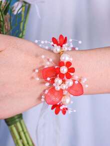 1件手工花卉腕花，浪漫紫色玫瑰粉色珍珠伴娘手链，绿色森林风格婚礼配饰 - 紅色 - 查看 1