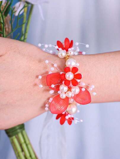 1 st handgjord blommig handledskorsage, romantiskt lila rosrosa pärlarmband för brudtärnor, grönt bröllopsaccessoar i skogsstil