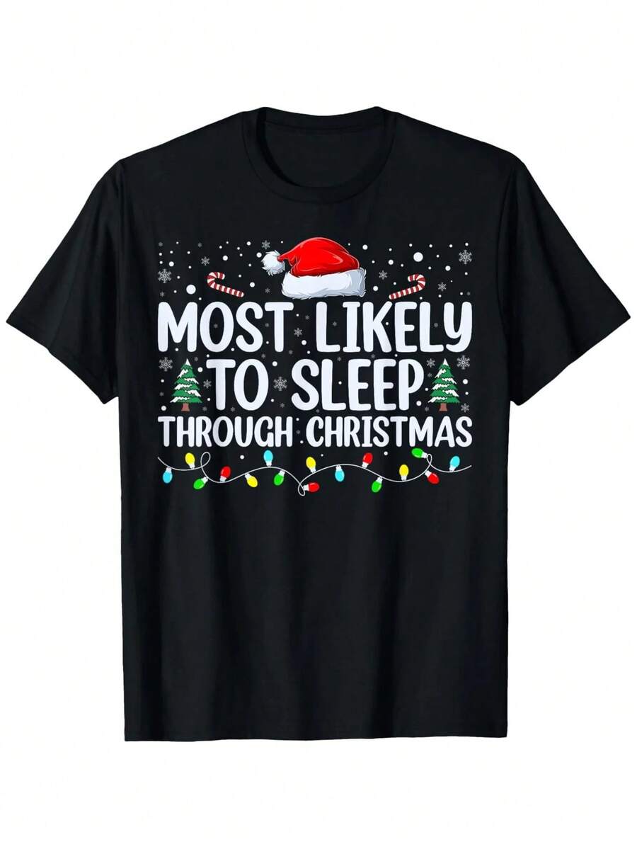 Camiseta de Navidad para Hombre, "Duerme a Través de la Navidad" 180g, Negra S-XXXL Camiseta de Vacaciones - Negro - Ver 1