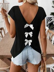 Women's Summer Short Sleeve V-Neck Black T-Shirt, Sexy Backless Bow Casual Top - Black - View 3