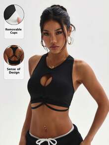 Áo ngực thể thao không tay cổ tròn màu đen dành cho nữ, có đệm mút tháo rời, chất liệu dệt kim. - màu đen - Xem 1