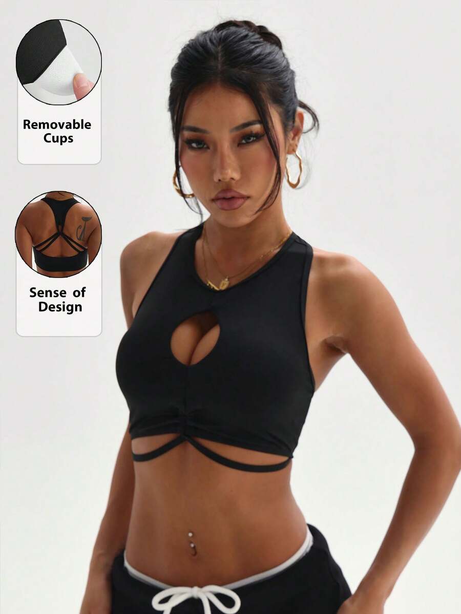 Áo ngực thể thao không tay cổ tròn màu đen dành cho nữ, có đệm mút tháo rời, chất liệu dệt kim. - màu đen - Xem 1
