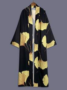 波西米亚风印花中长款七分袖和服罩衫薄外套，女士优雅欧美休闲罩衫，沙滩旅行度假羽织薄款浴袍腰带长袍 - 黑色 - 查看 2