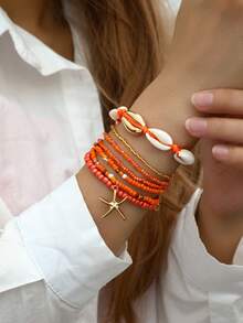 7 pièces/set Bracelet style bohème avec coquillage et perle, pendentif étoile de mer. Ensemble de bracelets pour femmes (couleurs de perles assorties) - Orange - Voir 2