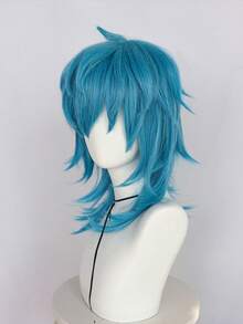 Heat Resistant Synthetic Medium Length Layered Straight Blue Anime Cosplay Wig With Bangs For Men Women Daily Party Holiday Christmas Comic Con Game Exhibition Use, Natural Looking, Beginner Friendly, Ideal Choice For Gifts - Multicolor - View 6