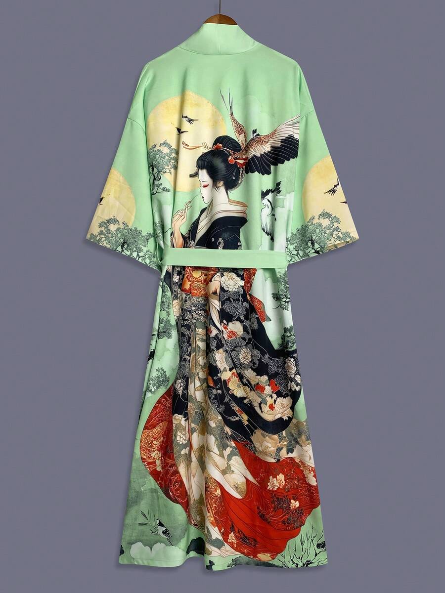 日式和風美學印花中長版 3/4 袖緞面和服式罩衫 女款優雅街頭休閒寬鬆外套 適合海灘旅行秋季 - 薄荷綠 - 查看 1
