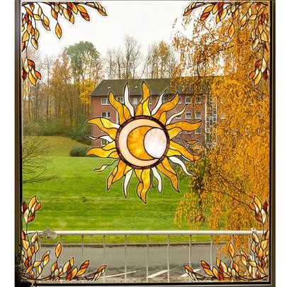 Hình dán kính tĩnh điện nhiều màu sắc, thiết kế biểu tượng Mặt Trời và Mặt Trăng, có thể tháo rời, dùng trang trí cửa sổ nhà cửa, phim dán cửa sổ thời trang.