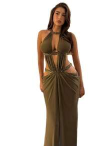 New Women's Solid Color Maxi Dress, Elegant Slim Fit Sexy Backless Patchwork Cutout Halter Gown - xanh quân đội - Xem 4