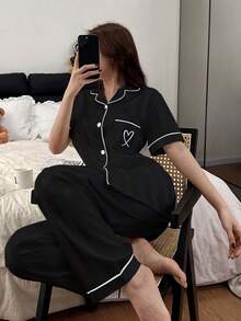 Dreamivo Women's Heart Embroidered Lapel Short Sleeve Top And Pants Pajama Set, Casual Loungewear, Spring/Summer - Black - View 2