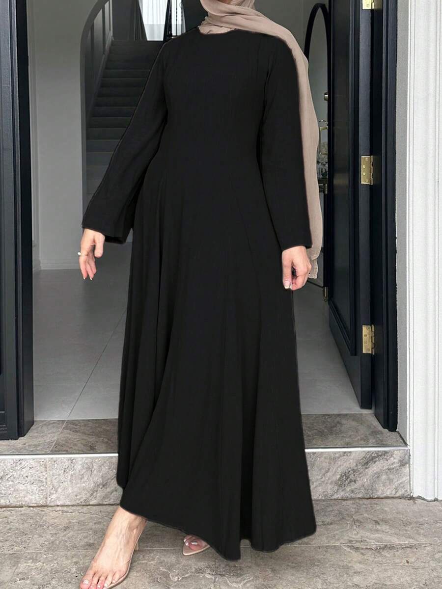 女款優雅中東阿拉伯風喇叭長裙,收腰設計,柔軟舒適休閒連身裙,適合秋季 - 黑色 - 查看 1