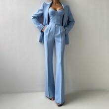 Women's Suit Suit Simple Solid Color Elegant Temperament Fashion Casual Urban Commuter Suit Set Sexy Suspender Bra Loose Drape Pants Long Sleeve Lapel Button Coat Business Etiquette Clothing Three-Piece Set - 藍色 - 查看 15
