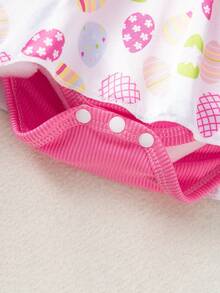 2件套女婴复活节糖果印花长袖连体衣连衣裙，配蝴蝶结发带，婴儿节日派对服装 - 彩色 - 查看 4