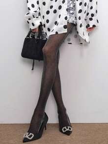 1双黑色薄纱丝袜，银色圆点亮片闪亮不透明连裤袜，春夏款 - 彩色 - 查看 4