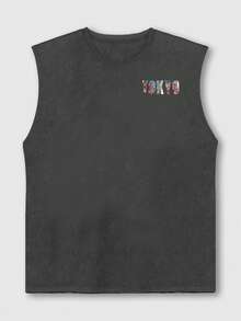 Zrgoth 男士休闲百搭英文标语印花背心，夏季款 - 深灰色 - 查看 5