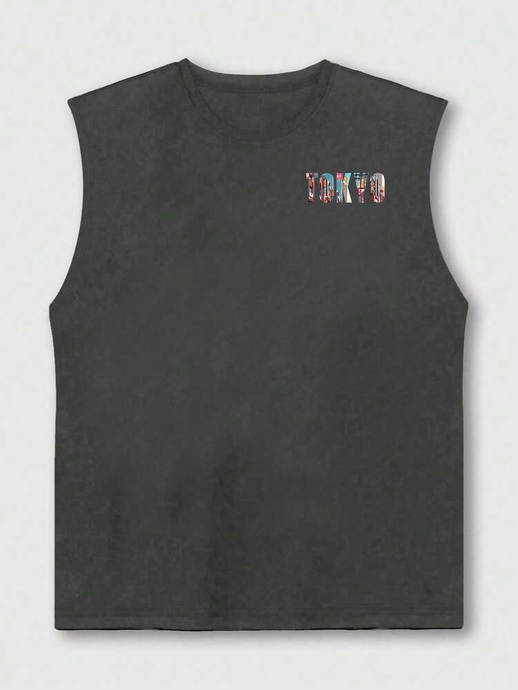 Zrgoth 男士休闲百搭英文标语印花背心，夏季款 - 深灰色 - 查看 5