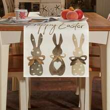 1pc Easter Table Runner With 3 Bunny Pattern, Durable Linen-Feel Table Runner, Ramadan, Eid Festival Decor, Farmhouse Style Kitchen Dining Table Cloth, Suitable For Home, Easter, Spring/Summer Holiday, Family Gathering - Brown - View 3