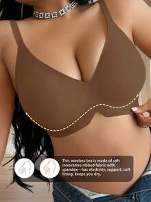 Plus Size Women's Jelly Strap Soft Support Bra, Wireless Lift & Gather Padded Bra - Brown - View 4