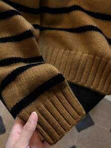 新款女士休闲条纹撞色翻领长袖针织衫 - 卡其色 - 查看 4