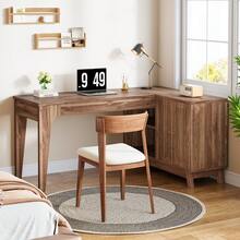 FINMIND Escritorio en forma de L con gabinete de almacenamiento, estación de trabajo de esquina de madera de 57 pulgadas, escritorio de computadora para oficina en casa, mesa de estudio y escritura para dormitorio - Marrón - Ver 4