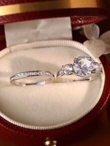 2pcs/Set Luxury Cubic Zirconia Ring Set, Sparkling Engagement Rings, High-End Women's Rings For Wedding, Party, Made Of Copper, Great Gift For Birthday, Valentine's Day - Silver - View 2