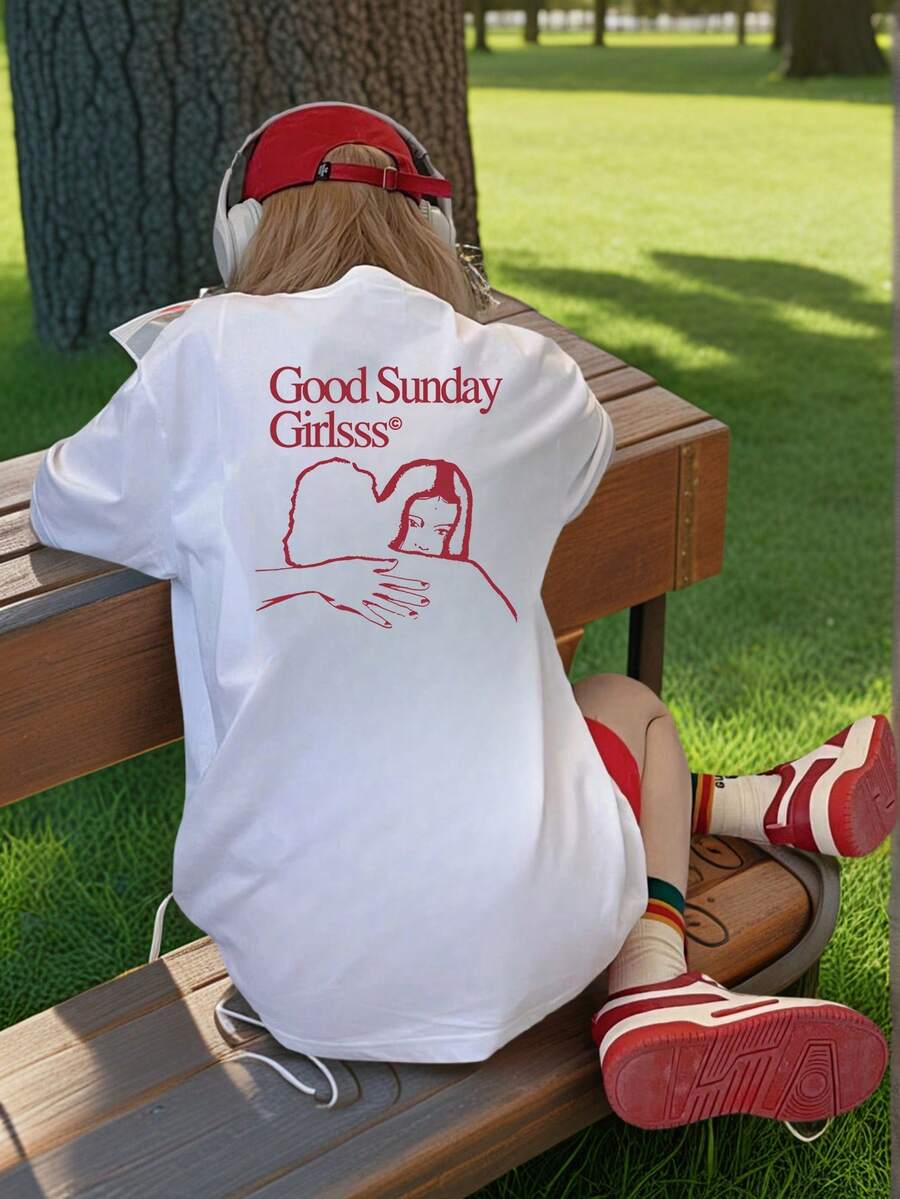 1件女士休闲宽松英文印花T恤，时尚个性，圆领上衣，2026春夏款 - 白色 - 查看 1