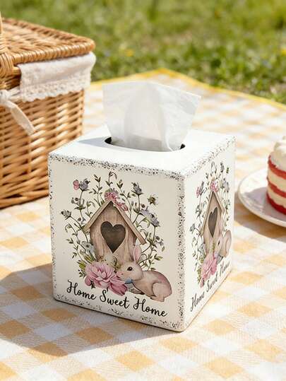 Pastoral Cute Rabbit & Floral Square Tissue Box, Healing Style Storage Box, Bedroom/Living Room Decor Tissue Holder. With A Distressed White Base Color, Paired With Watercolor Illustrations Of Rabbits, Flowers, And Cottages, With Edge Accents Of A Mottled Texture, And Complemented By The Warm Text "Home Sweet Home", The Overall Style Is Fresh And Soft. Suitable For Placement On Bedside Tables, Living Room Side Tables, And Children's Rooms.