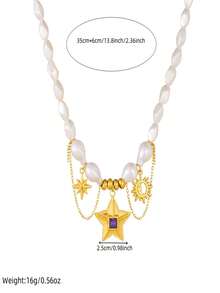 1 pieza Collar corto de mujer con colgante de octágono y estrella de cinco puntas, estilo de moda callejera dulce y moderno - Dorado - Ver 6