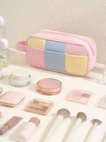 1个多巴胺双层撞色化妆包，可爱甜美风格收纳包，适合少女、学生和女性，情人节、婚礼装饰，灯芯绒材质拼接风格洗漱包 - 彩色 - 查看 7