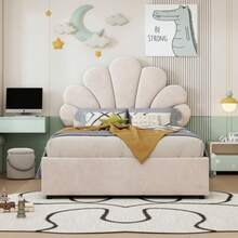 Polsterbett Kinderbett 90 X 200 Cm, Mit Geblümtem Kopfteil Und Lattenrost, Mit Höhenverstellbarem Kopfteil Und Hydraulischem Stauraum, Haute-Freundlicher Samtstoff, Beige - Beige - View 1