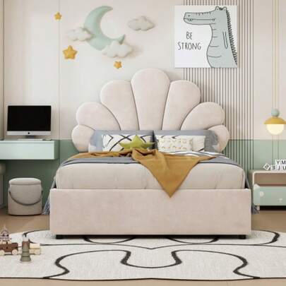 Upholstered Children's Bed 90 X 200 Cm, With Floral Headboard And Slatted Base, With Height-Adjustable Headboard And Hydraulic Storage Compartment, Skin-Friendly Velvet Fabric, Beige