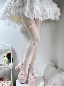 1 Pair Women's Sexy Fashion Velvet Bow Pearl Stockings Pantyhose - milky white - View 4