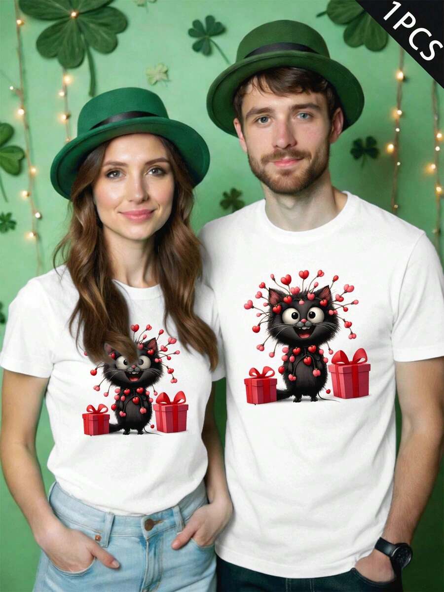 Couple Cat Love Gift Print TShirt Soft Cotton, Easy Fit, Comfort Fit, Casual, Graphic Design - WomenWhite-1PC - View 1