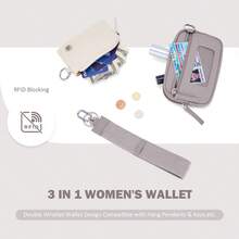 POIUGOYA Keychain Wristlet Wallet, Zip Around Dual Pouch Wristlet Portable, Nylon Secure Coin Purse Small Wallet With Key Ring, Fashion Women's Cute Wallet With RFID, Identification Window - Beige&Cappuccino - 查看 4