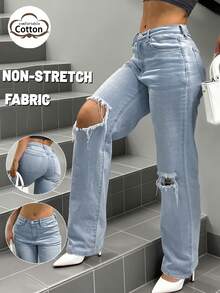 GILIPUR Y2K Women Loose Ripped Straight Leg Jeans, Casual Daily Street Style, Retro Fashion, Suitable For Autumn/Winter, New Year, Thanksgiving, Christmas Holiday Outfits - Blue - View 2