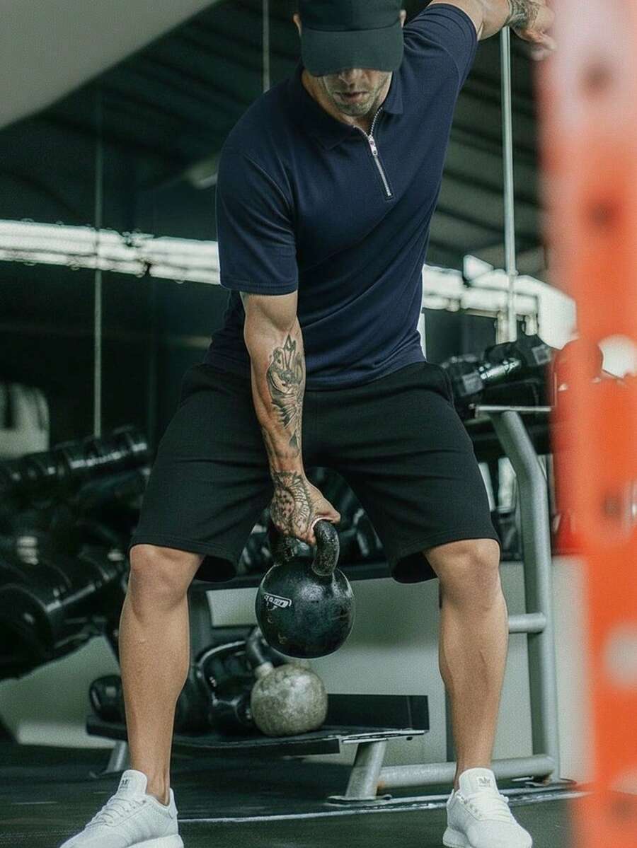 男士夏季短袖拉链Polo衫，休闲运动装，适合健身爱好者