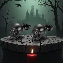 哥特式骷髅袖扣和项链套装，女士款，红月万圣节饰品 - 銀色 - 查看 6