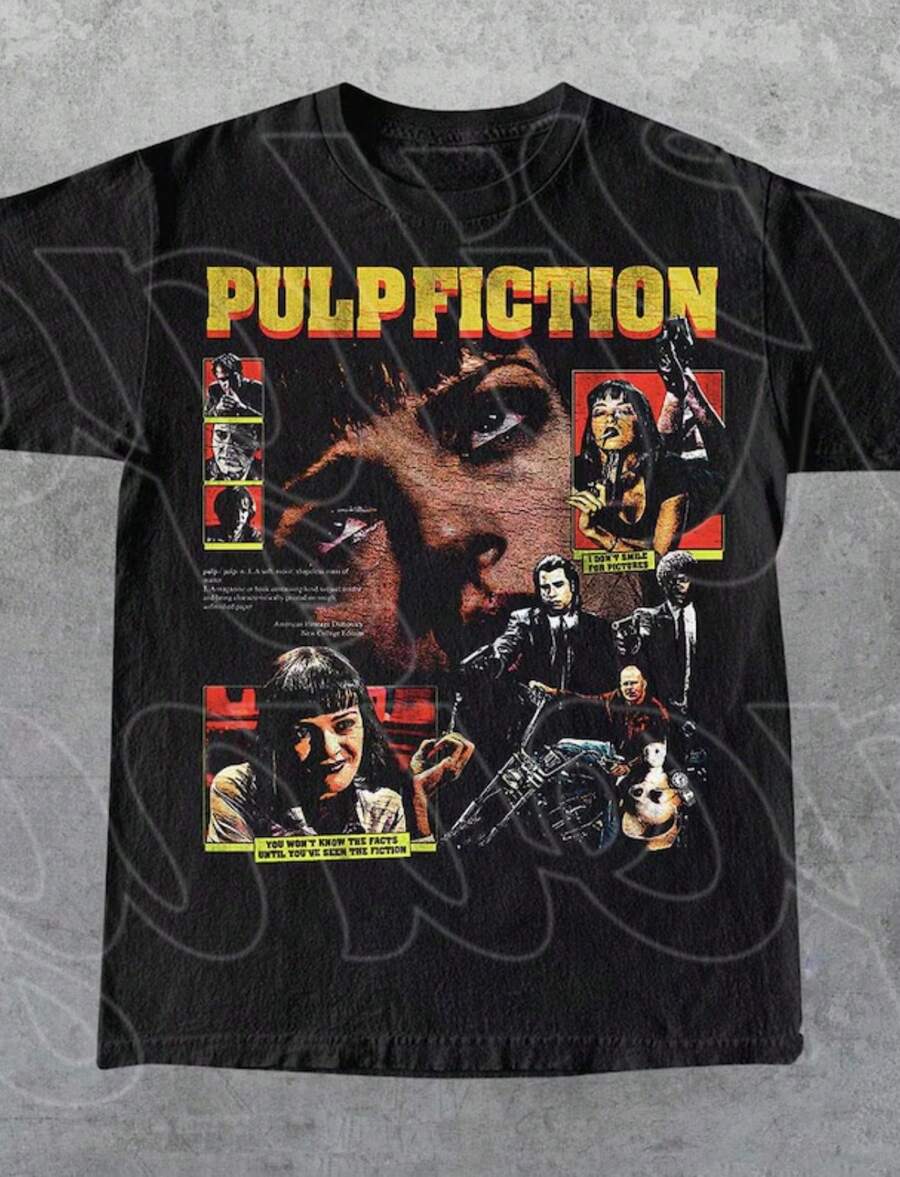 Pulp Fiction T Shirt, Vintage Tarantino Movie Graphic Tee, Retro 90s Film Poster Style Unisex Top, Gift For Women And Men - 黑色 - 查看 1