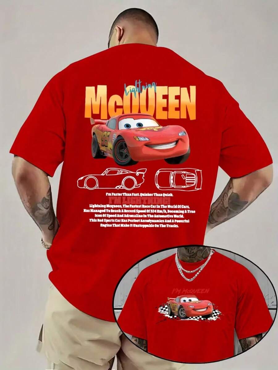 1 Piece, Disney Men's T-Shirt, Disney Lightning McQueen Front And Back Double Pattern (Whole Image+Detail Draft) Theme Series Men's Casual Short-Sleeved T-Shirt, Round Neck Casual Comfortable T-Shirt, Breathable And Light, Suitable For Sports And Leisure Wear, Loose T-Shirt, Suitable For Gifts, Suitable For Travel And Party Wear. - Red - View 1