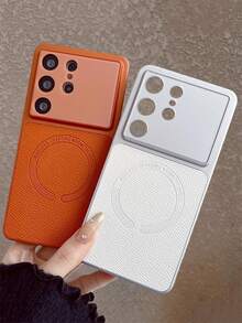 奢华复古纯色荔枝纹磁吸无线充电手机壳，兼容三星 Galaxy S26 Ultra、S25 Ultra、S24 Ultra、S26、S25、S24 Plus、S26、S25、S24，简约大窗口保护，人造革磨砂防摔后盖 - 橘色 - 查看 2