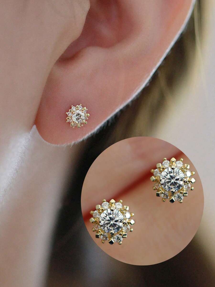 BALMORA 一对奢华复古宫廷风S925纯银镶嵌锆石圆形小太阳耳钉，适合女性日常通勤佩戴，是馈赠佳品。 - 金色 - 查看 1