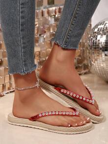 女士珍珠装饰人字拖，厚底夏季拖鞋，度假风沙滩人字拖，休闲编织绳底凉拖，亮片拖鞋 - 紅色 - 查看 6