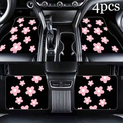 4pcs Universal Pink Floral Car Floor Mats, Soft Blooming Floral Print In Pink, Polyester Material With Anti-Slip Particles On Bottom, Easy Installation And Maintenance, Precise Fit For Multiple Car Models