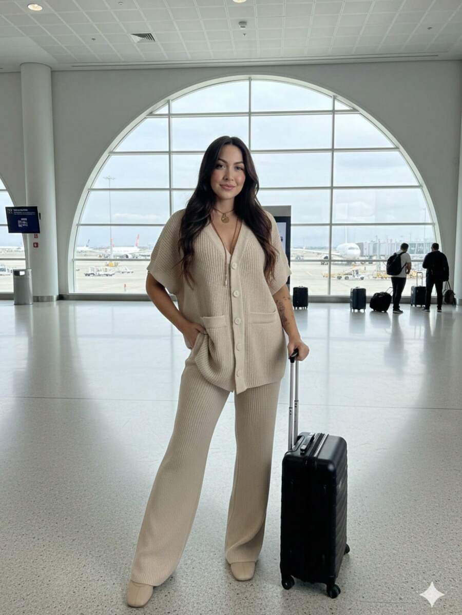 Women's Premium Knit 2-Piece Set With Front Buttons - Modern And Elegant - 米色 - 查看 1